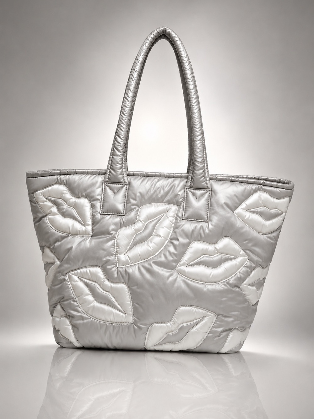Wildfox Puffy Lips Quilted Tote Silver White NWT Zip Top Carryall